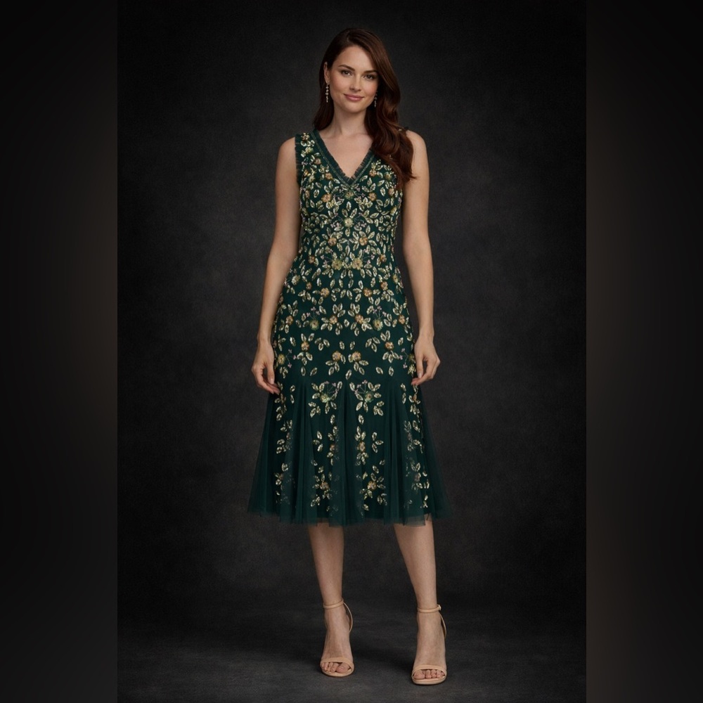 Adrianna Papell Green Gold Beaded Midi Dress NWT SZ 4 cocktail formal GALA MOB